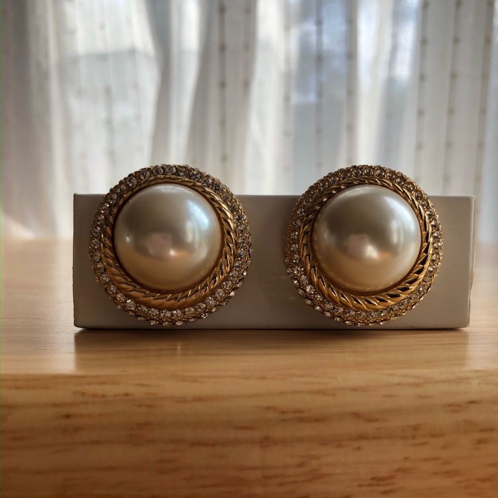Large Vintage Dior Pearl & Crystal Clip Earrings